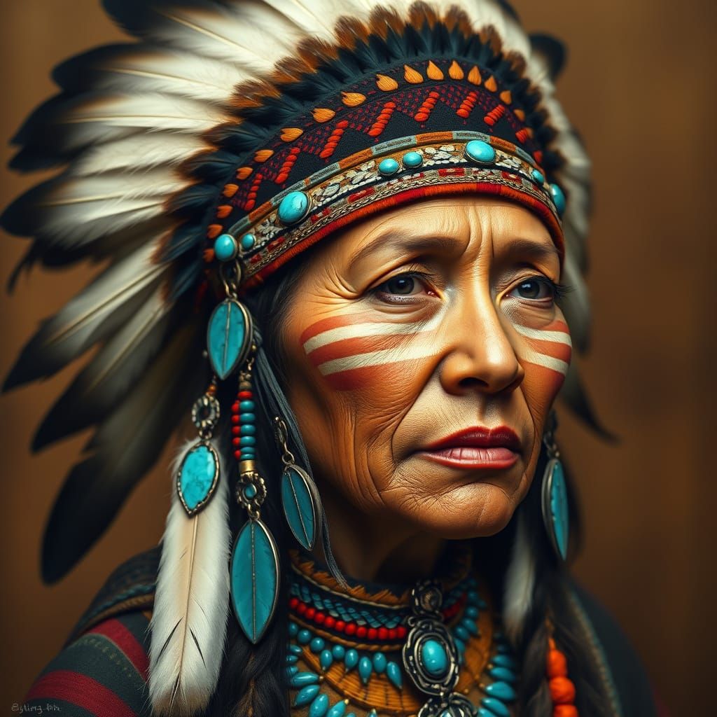 Native American Woman in Traditional Headdress with Vibrant ...