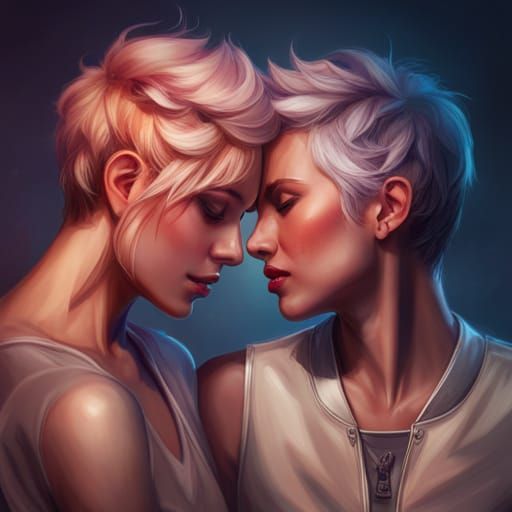Lesbian Couple Kissing in Hyperdetailed Digital Art