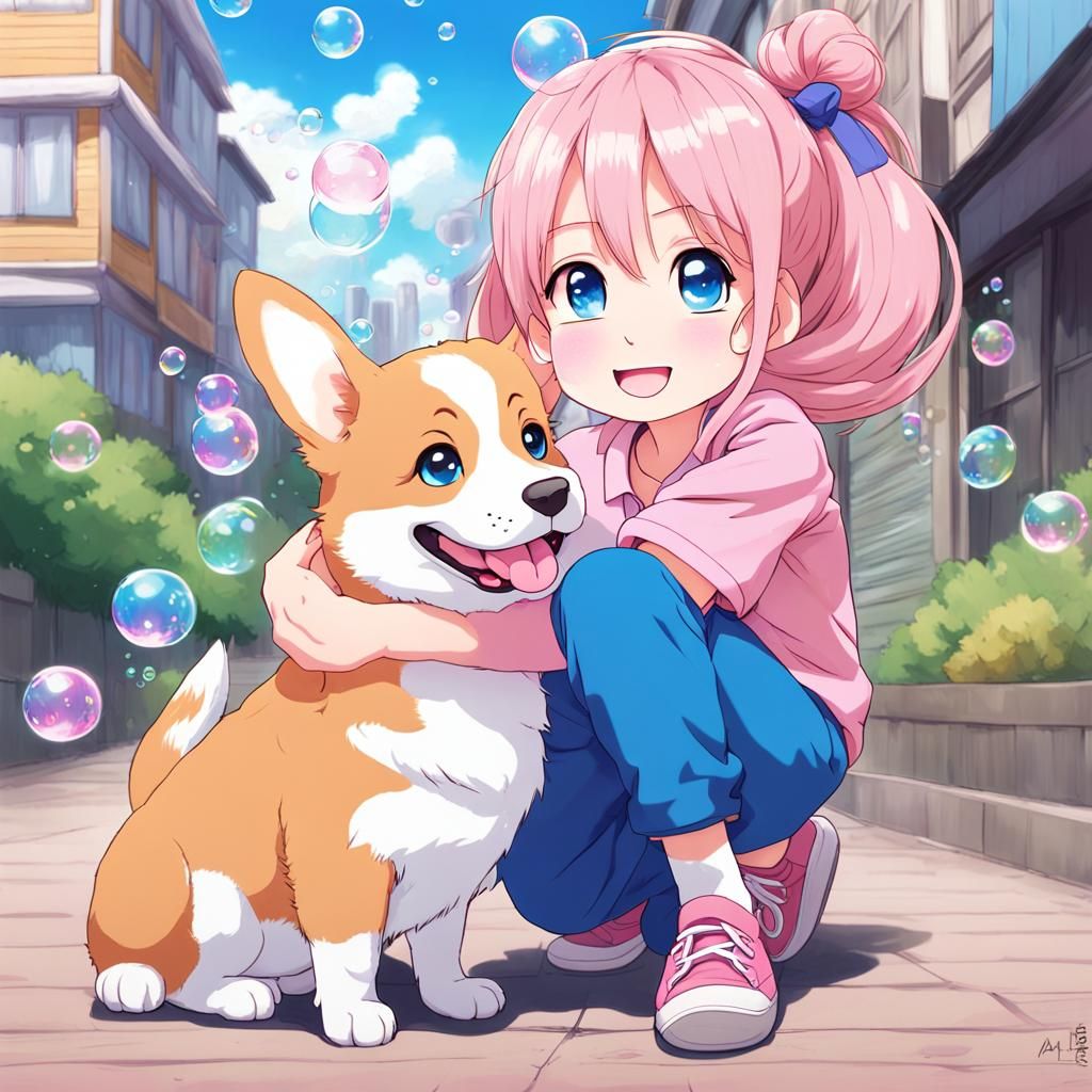 Anime Girl with Corgi Puppy in Bubble Theme