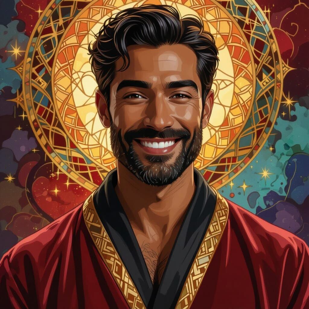 Radiant Muscular Hero Portrait in Art Nouveau Style