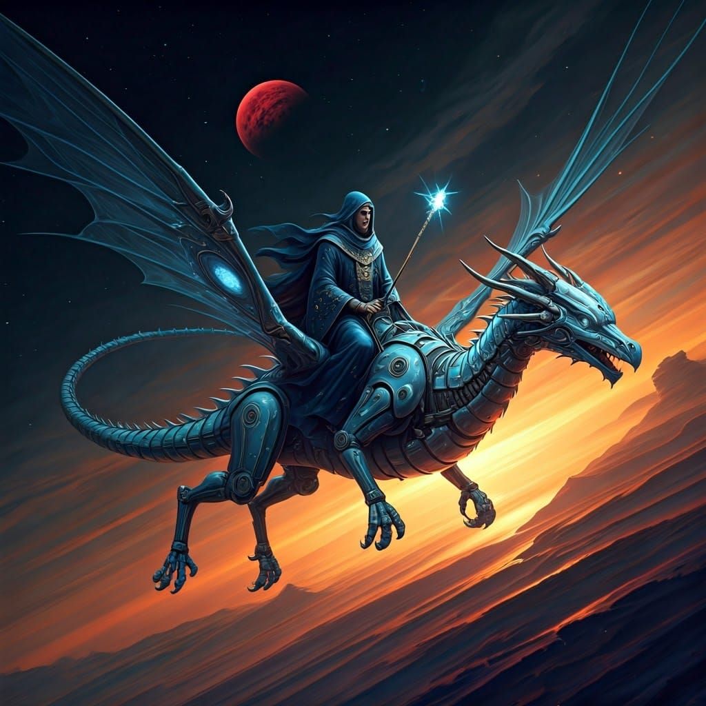 Wizard Rides Wyvern Through Galaxy in Dali Style