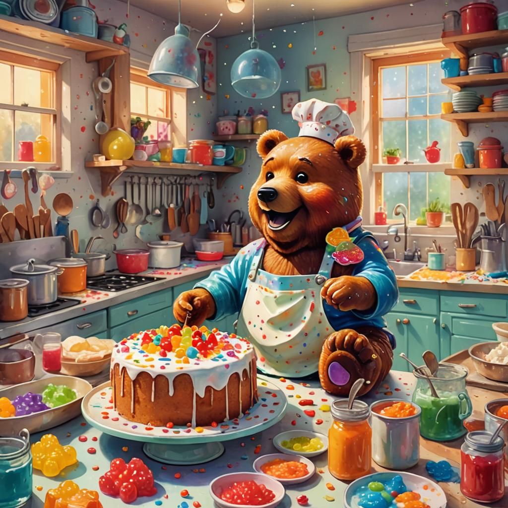Gummy Bear Chief Bakes Cake: Watercolor Fantasy Art