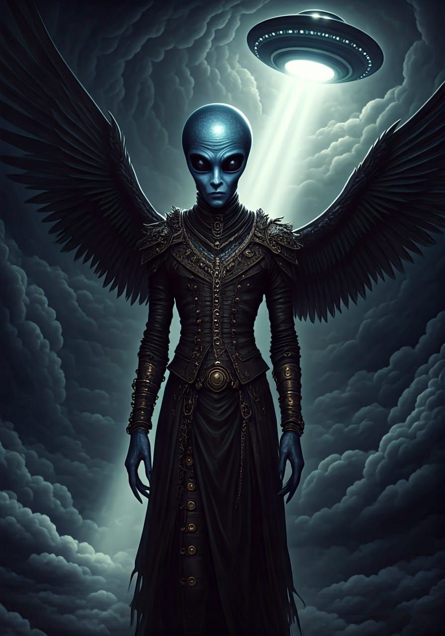 Gothic Alien Soars Through Stormy Skies
