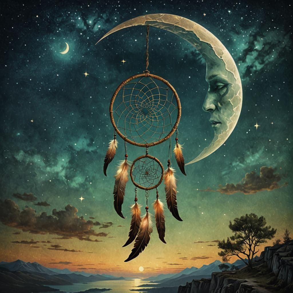 Dreamcatcher Suspended from Crescent Moon in Luminous Colors