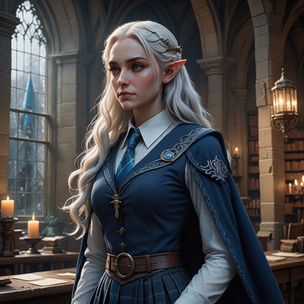 Elegant Elf Maiden in Dark Blue Ravenclaw Attire