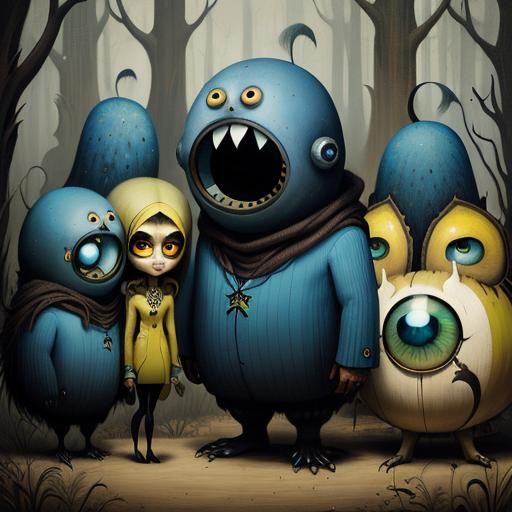 Pop Surrealism Painting of Two Figures with Big Eyes