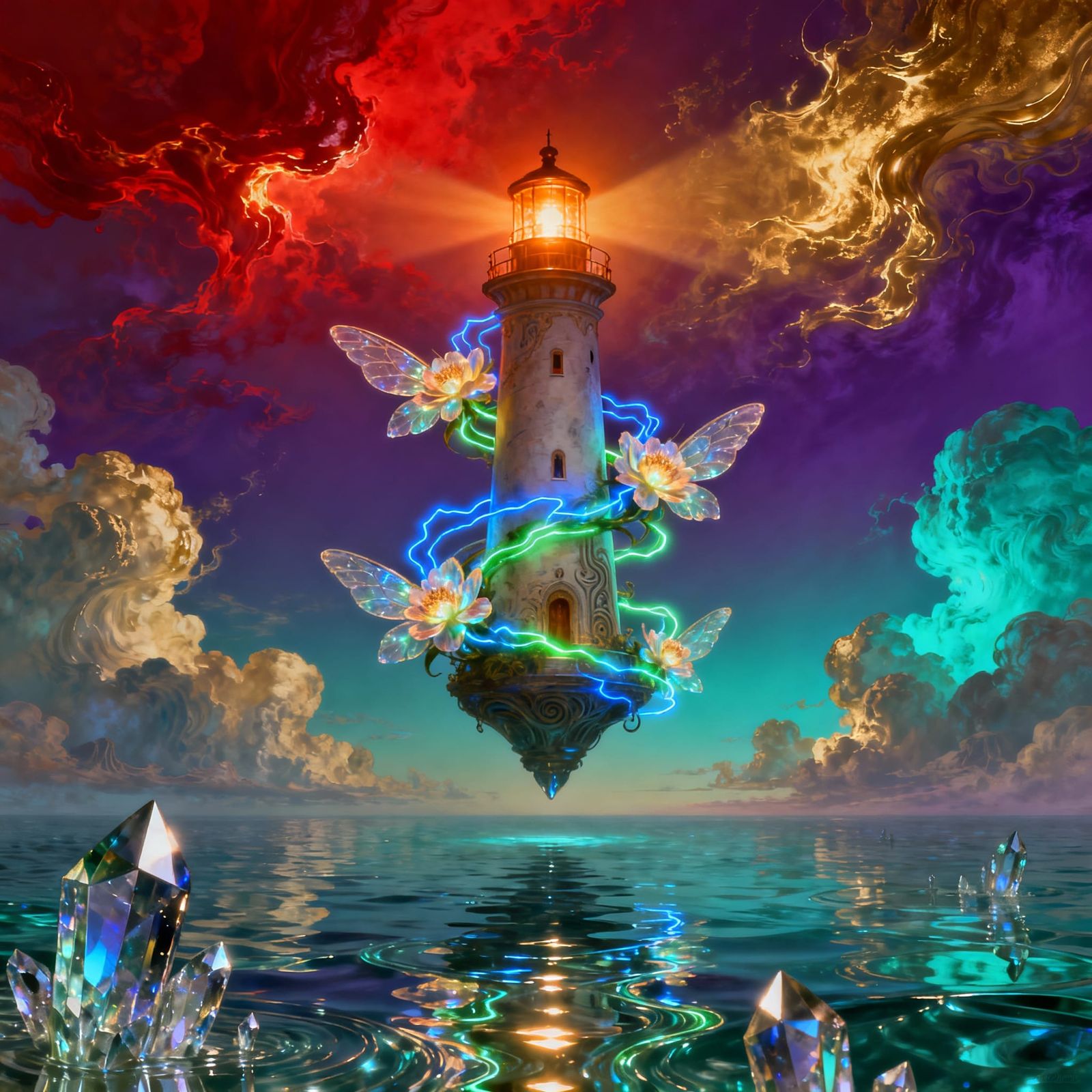 Surreal Lighthouse Above Liquid Glass Ocean