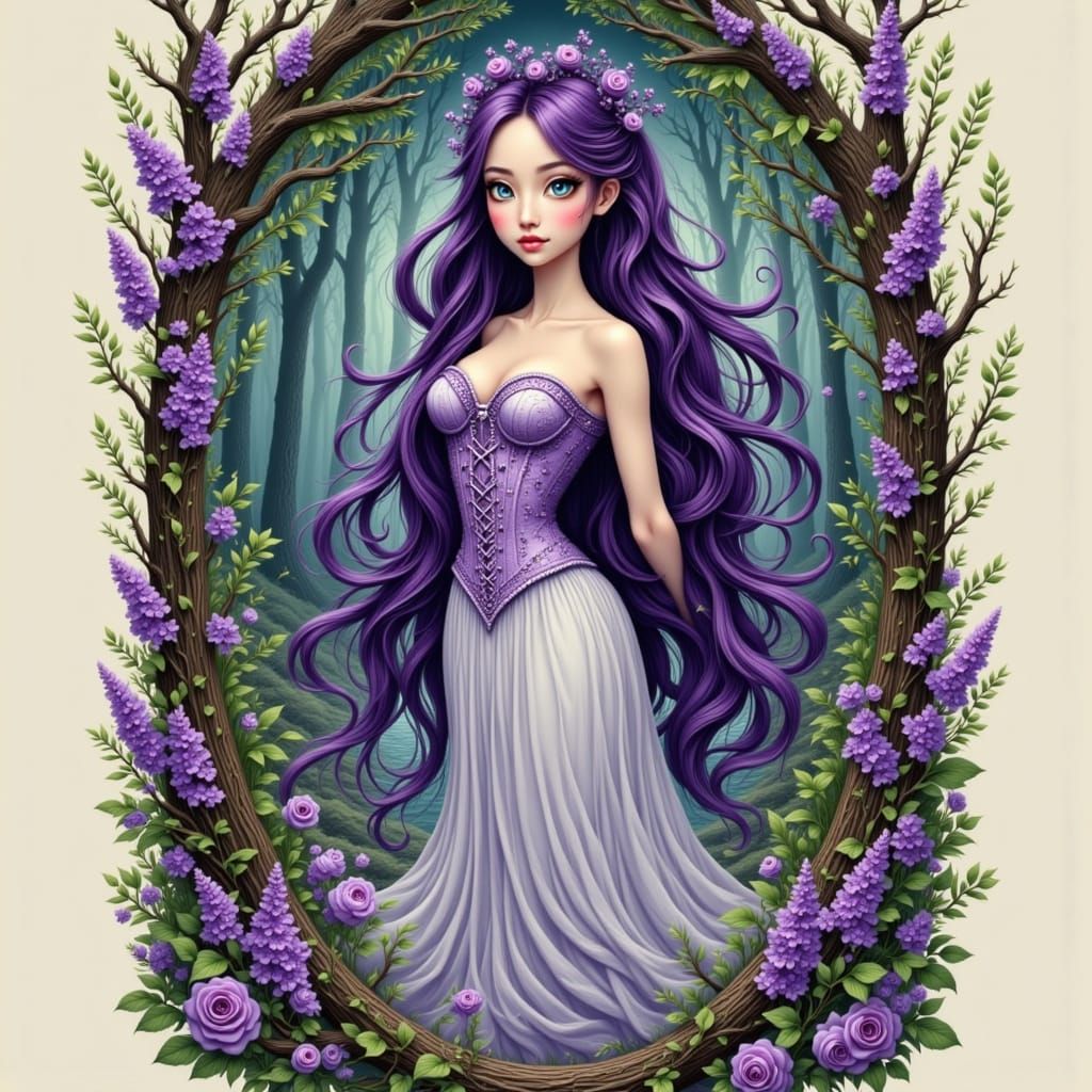 Elegant Woman in Corset Dress Amidst Nature, Watercolour Sty...