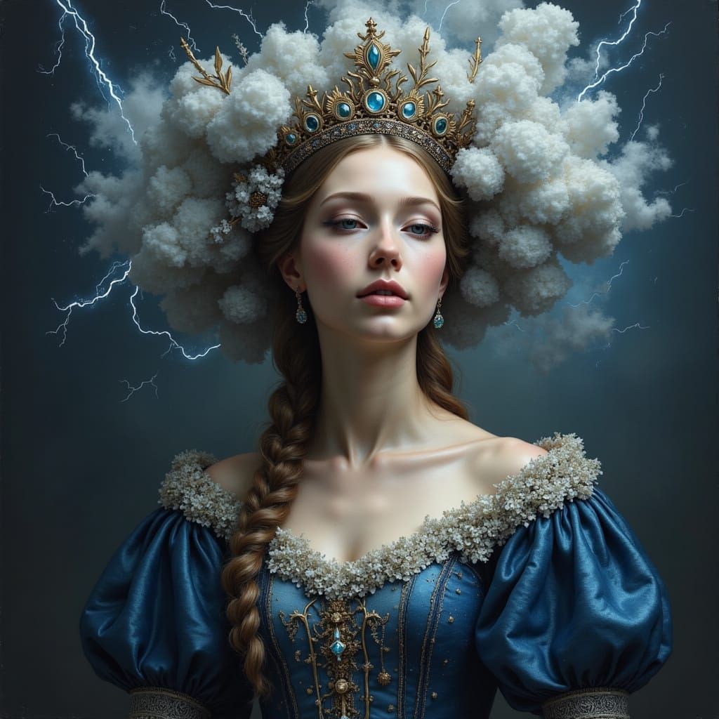 Queen of Storms: Regal Portrait in Dramatic Fantasy Style