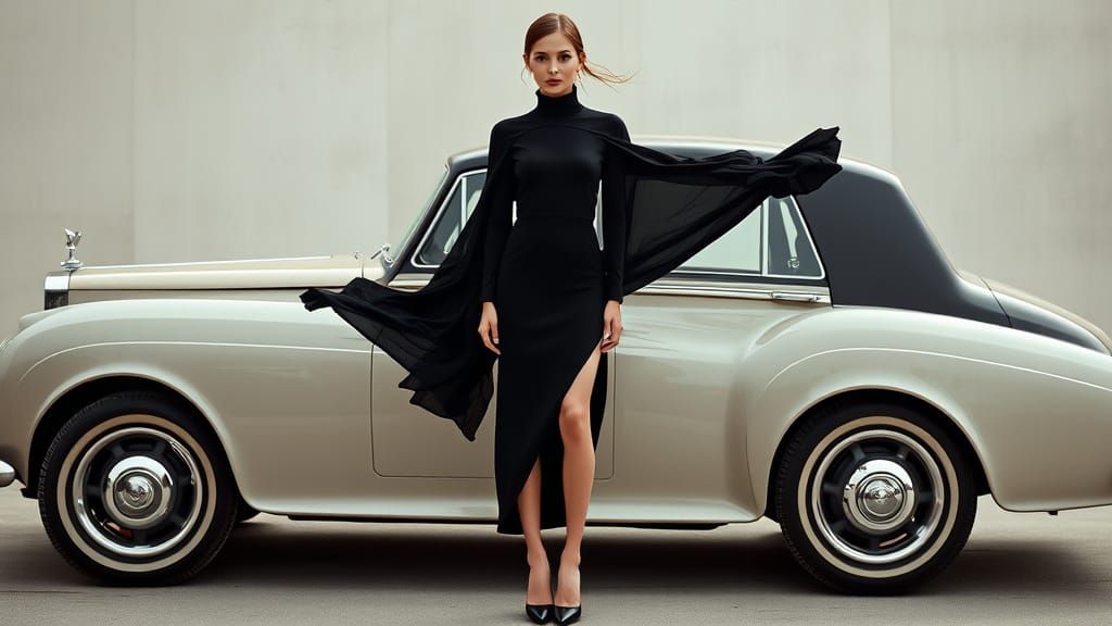 a tall model standing confidently in front of a vintage Rolls Royce car