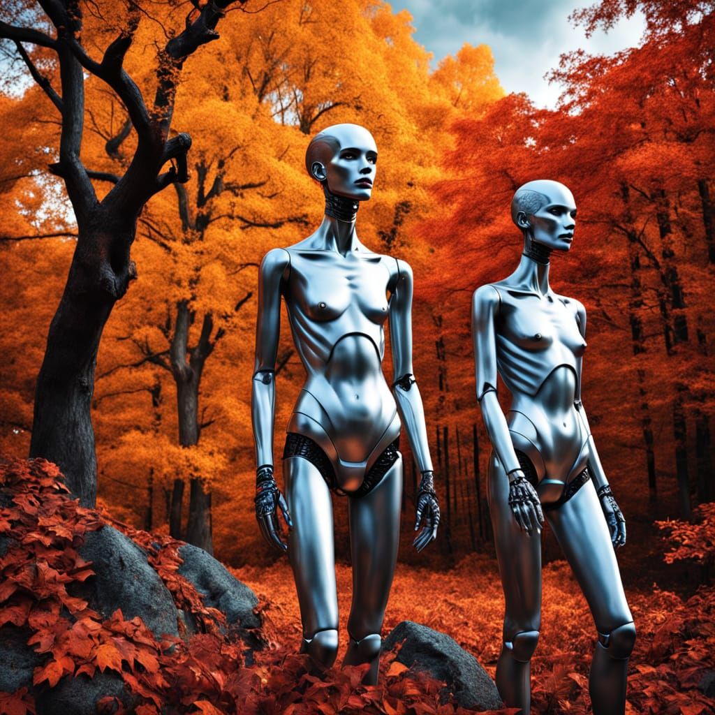 Gothic Mannequins in Dramatic Autumn Wilderness