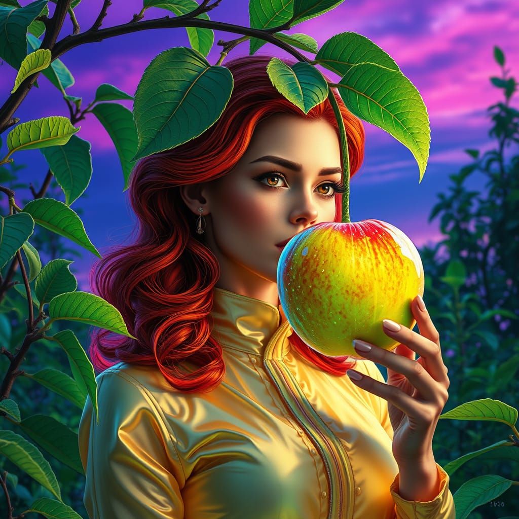 Glowing Redhead in Futuristic Attire Picks Shimmering Fruit ...