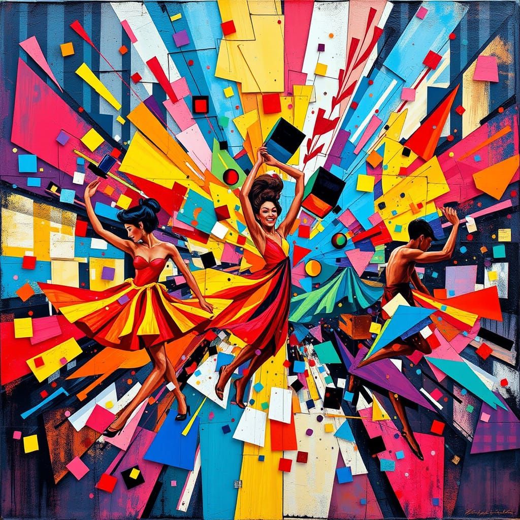 Vibrant Urban Mosaic Painting in Expressive Street Art Style