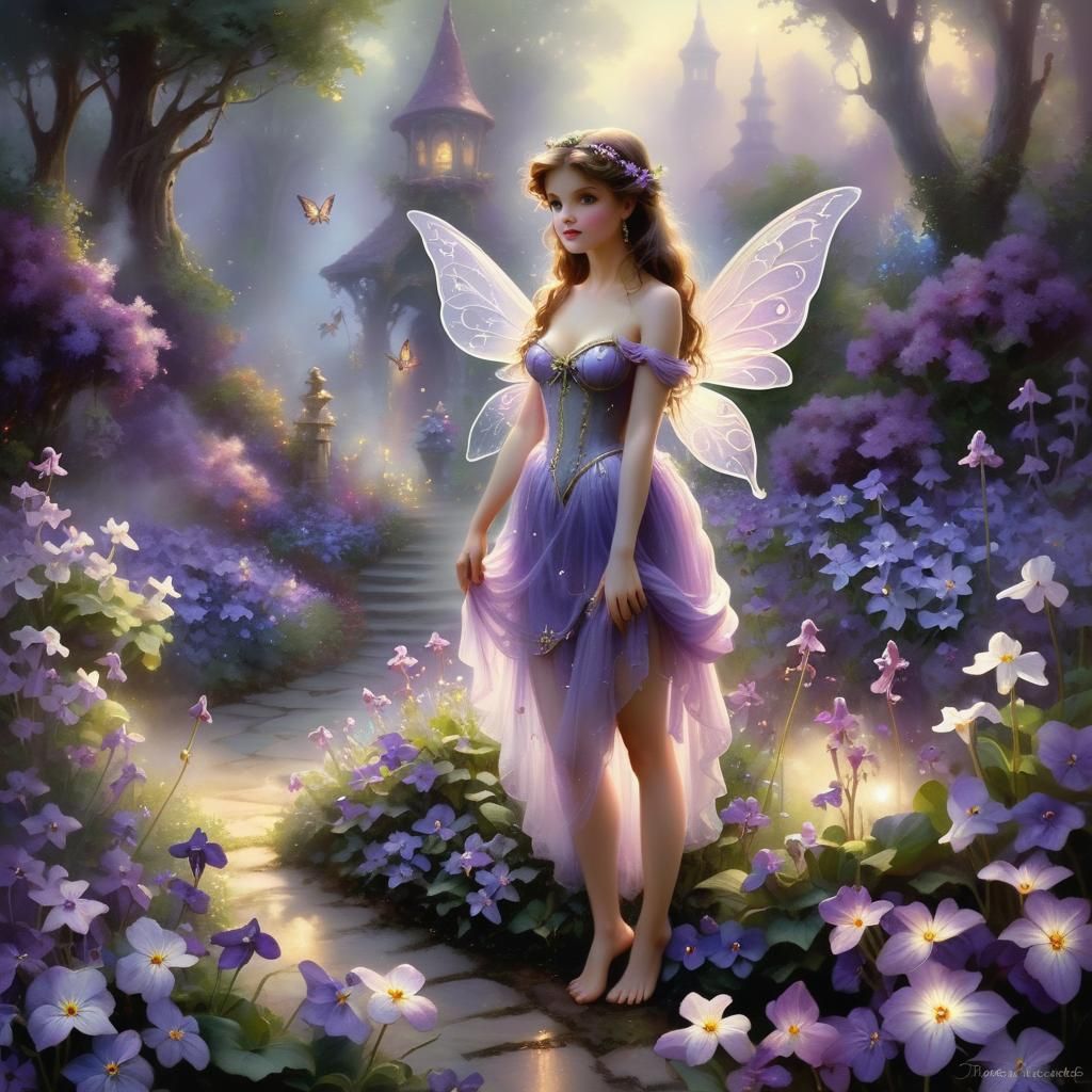 Ethereal Fairy in Violet Garden, Hyperdetailed Fantasy Art