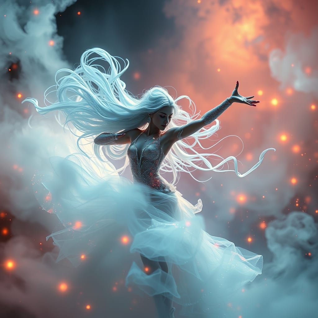 Ethereal Silver Dancer in Futuristic Fantasy Landscape