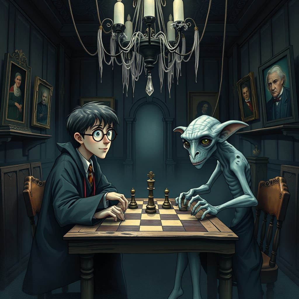 Whimsical Chess Scene in a Haunted Mansion