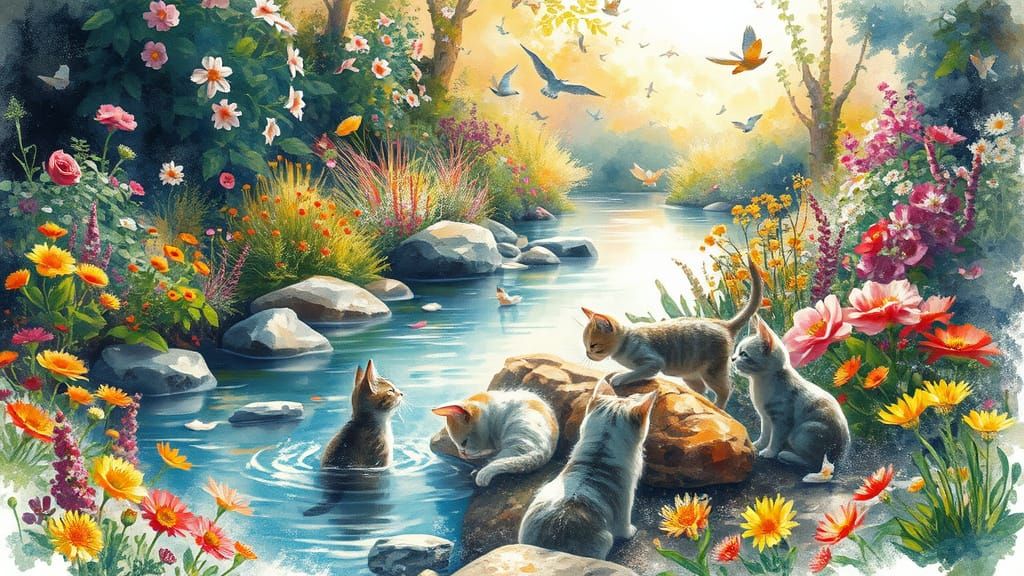 Sunlit Feline Haven in Vibrant Watercolour Style