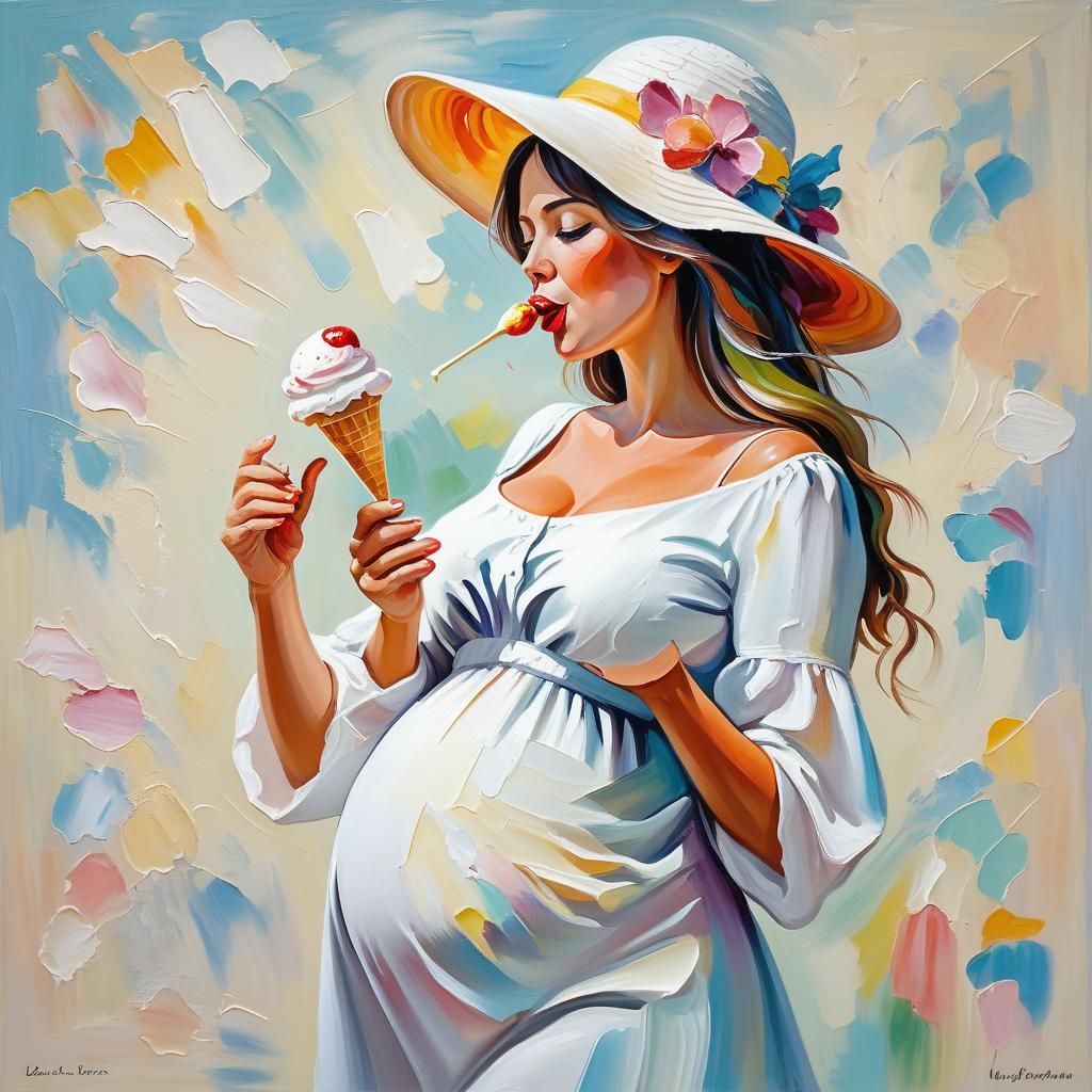 Pregnant Woman with Ice Cream: Neo-Impressionist Oil Paintin...