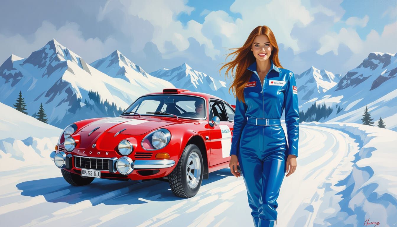 Red Alpine A110 Rally Car with Driver on Snowy Mountain Road