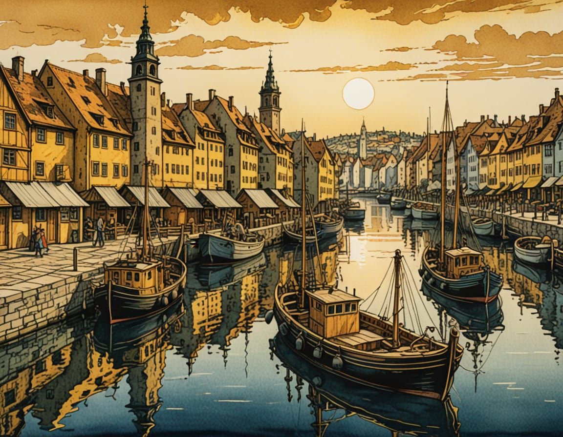 Golden Harbour in Woodcut Watercolor Style