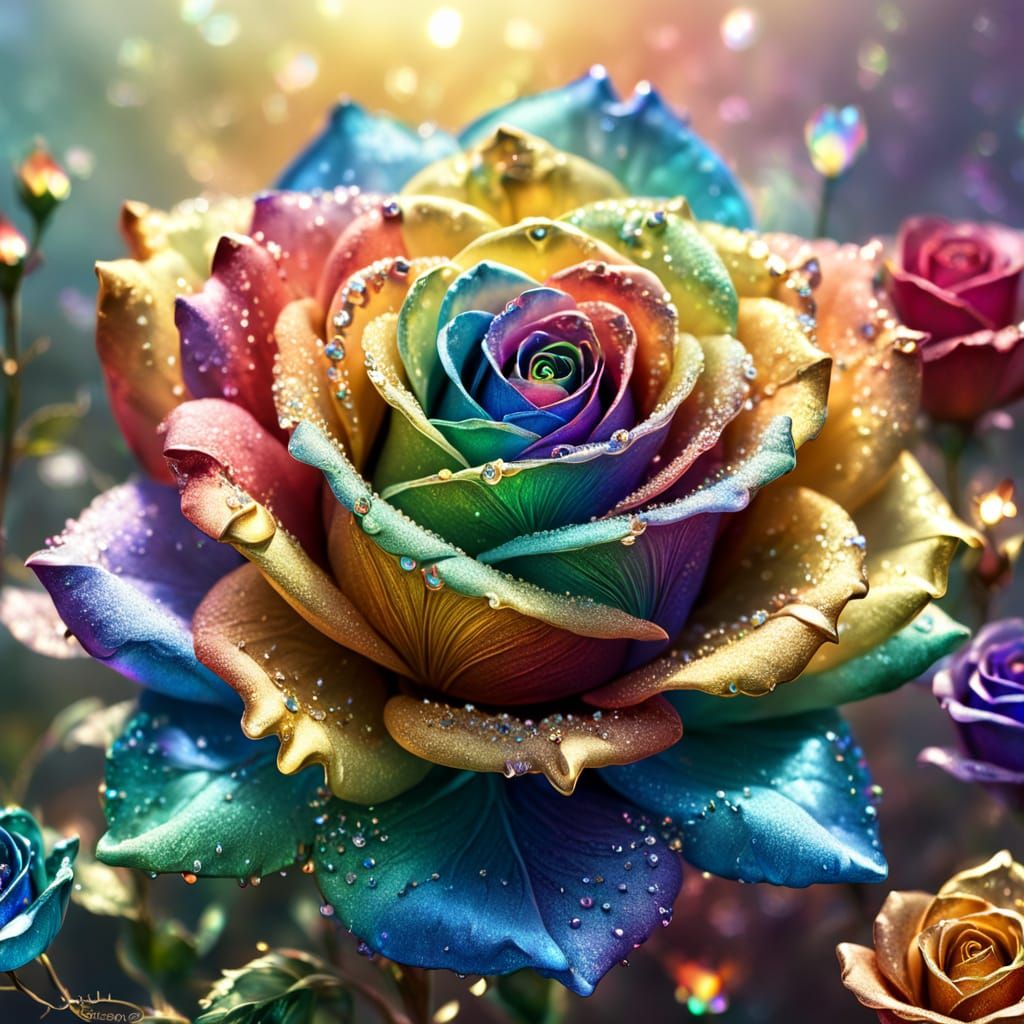 Rainbow Sugar Rose with Crystals: Whimsical Fantasy Art