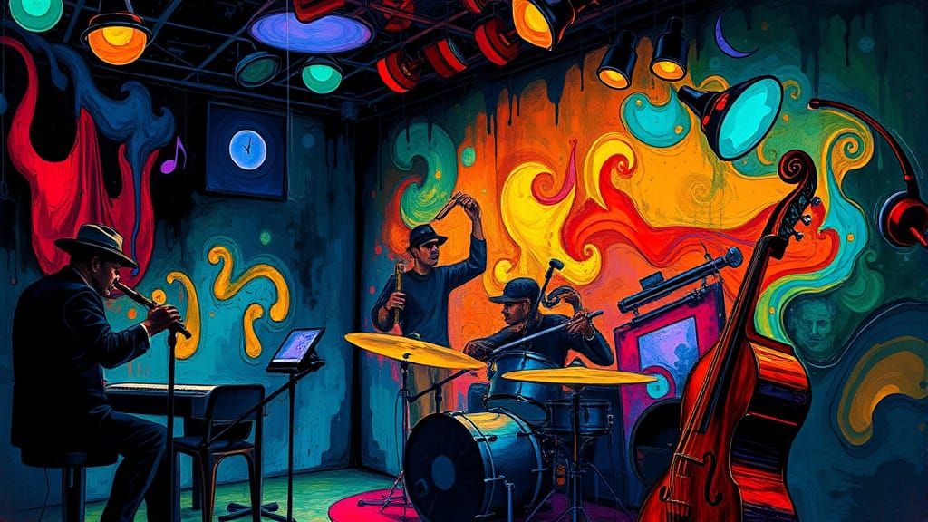 Swirling Jazz Club Dreamscape in Vibrant Colors