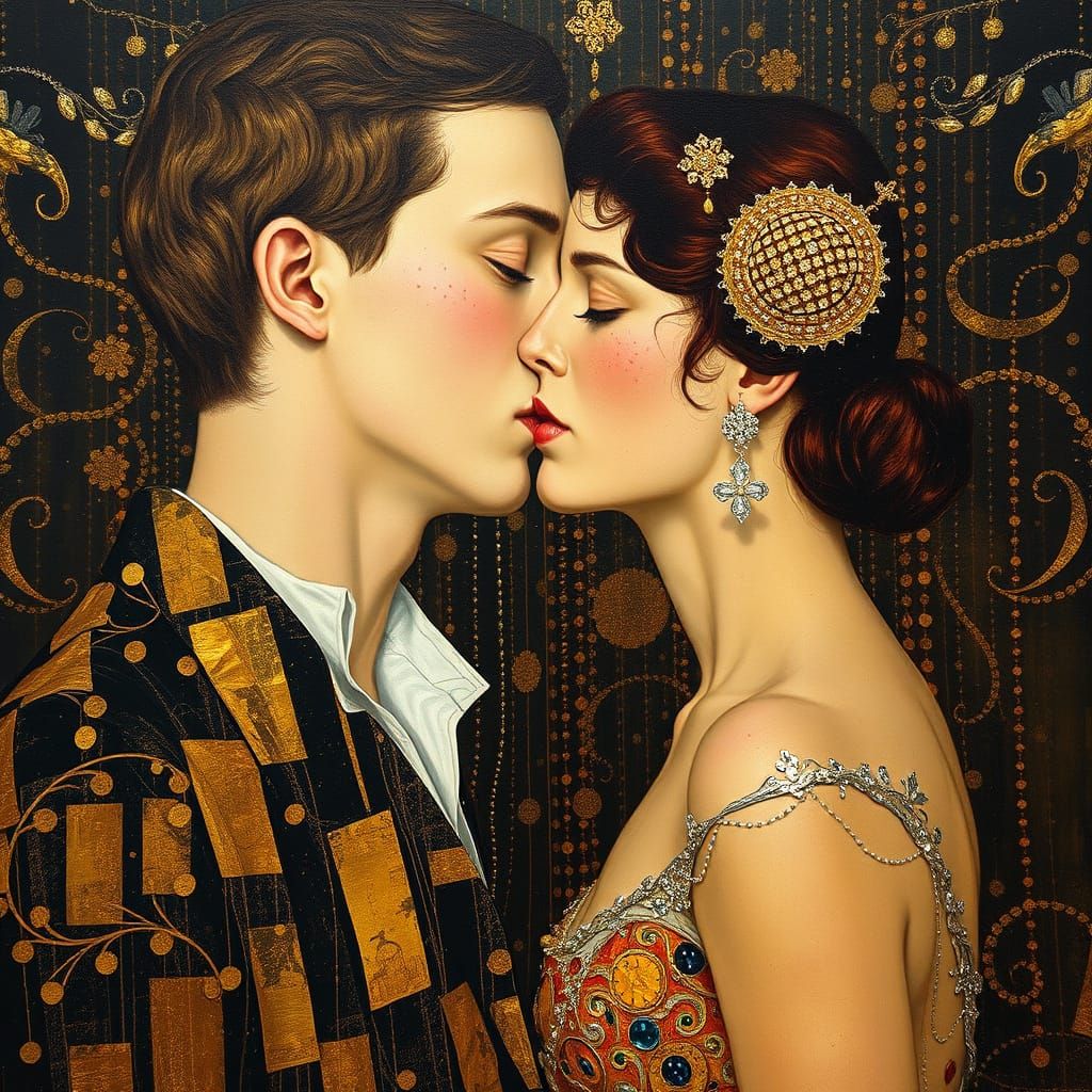 Gustav Klimt-Inspired Double Exposure Artwork in Oil and Gol...
