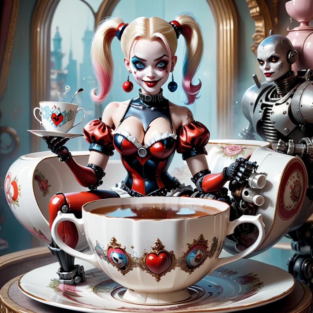 mechanical (robot) barbie as harley quinn drinking tea whils...
