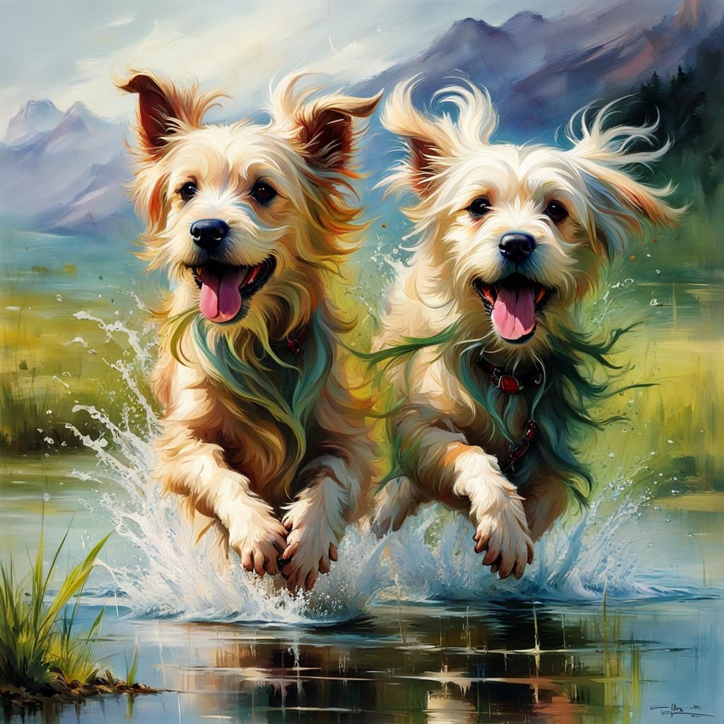 Joyful Havaneser Dogs Play in Lake: Oil Painting