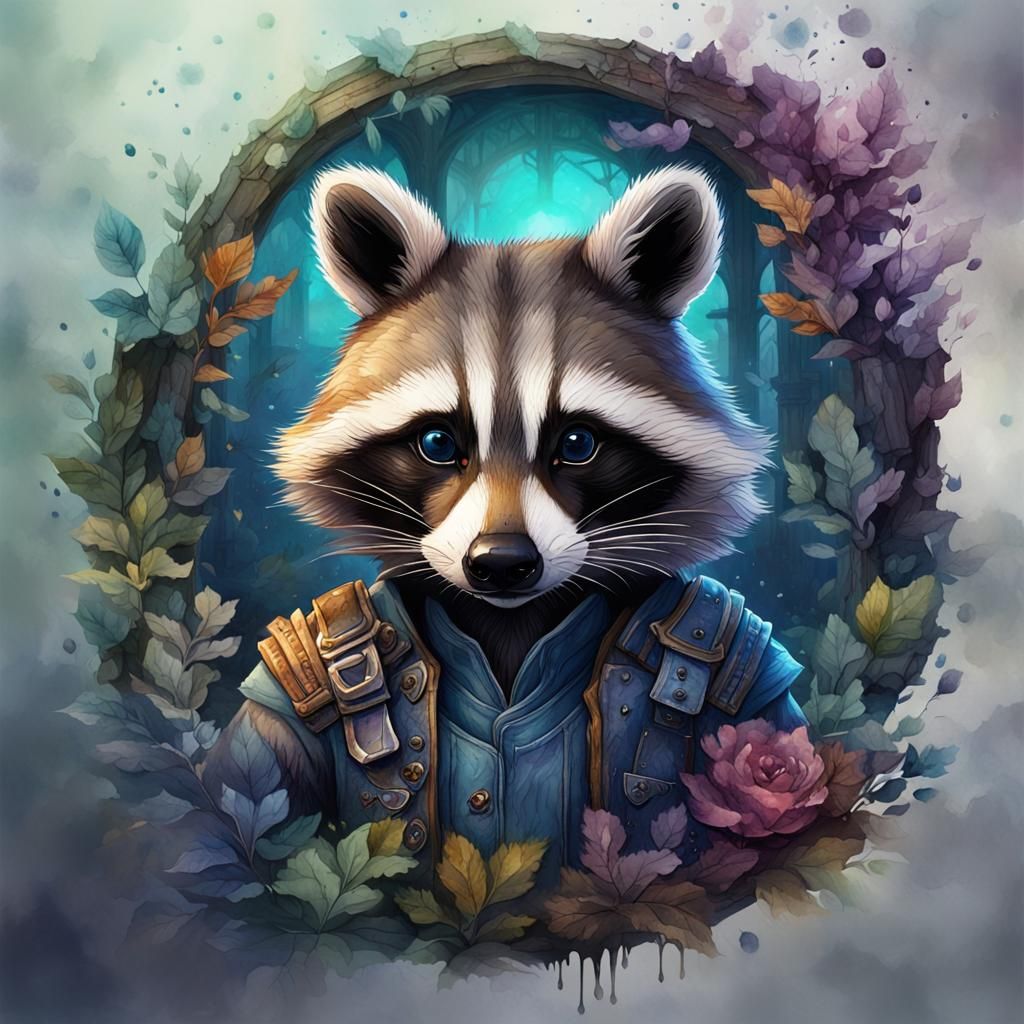 Watercolor Raccoon in Detailed Matte Painting