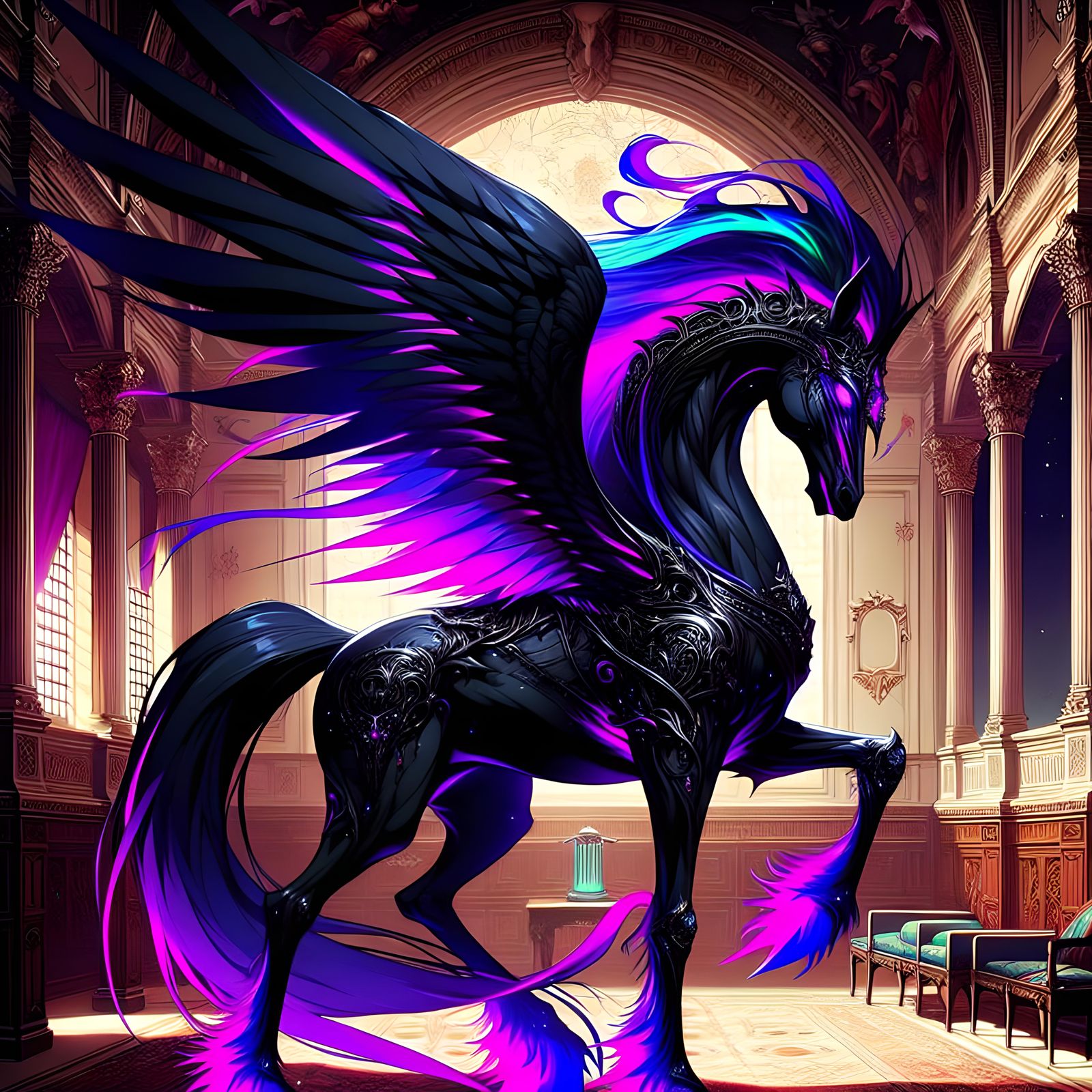 Ominous Black Pegasus Guardian in Manga Style