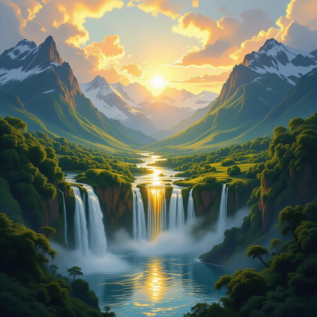 Golden Waterfall Landscape in Ethereal Style
