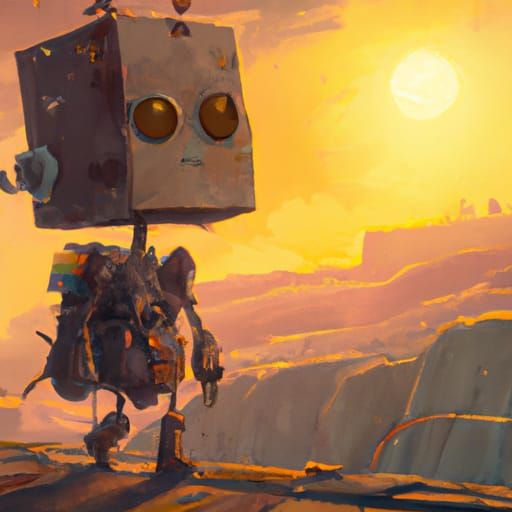 Lonely Robot with Box: Impasto Digital Illustration