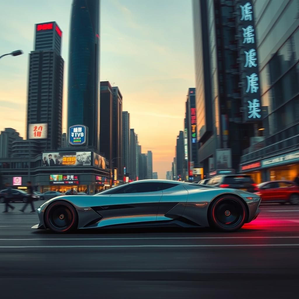 Future Car Speeds Through Neon Seoul at Dusk