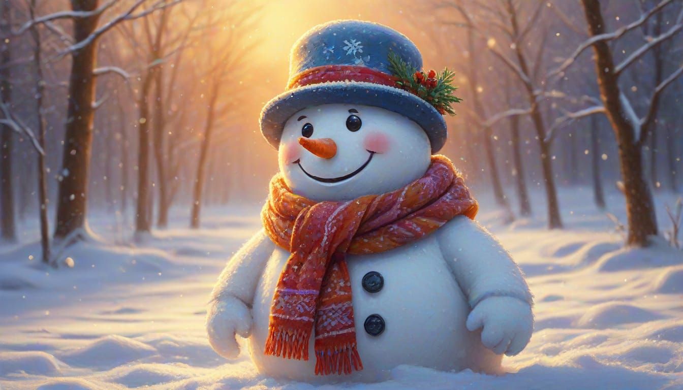 Vibrant Oil Painting of a Cheerful Snowman in Winter
