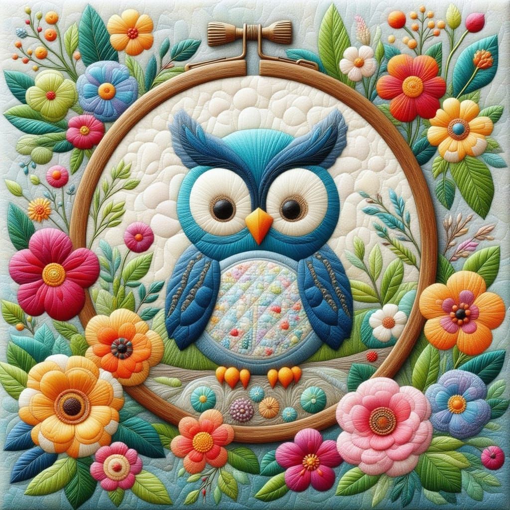 Cute Blue Owl Hand-Embroidered Folk Art