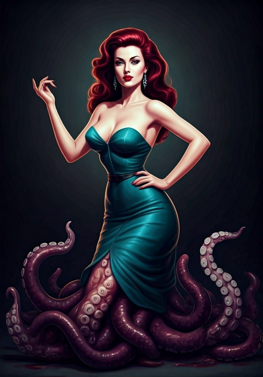 Sinister Tentacled Femme Fatale in 1950s Horror Style