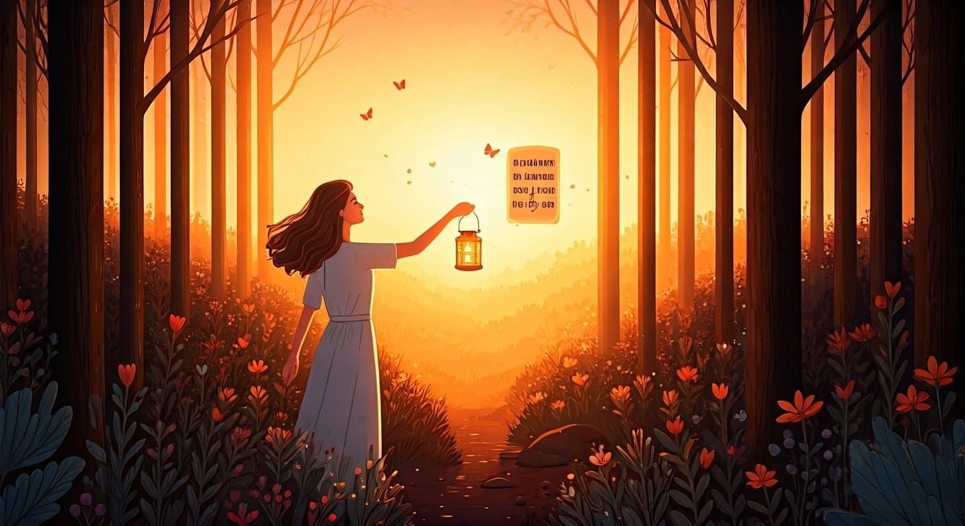 Woman Releasing Lantern in Forest at Sunrise