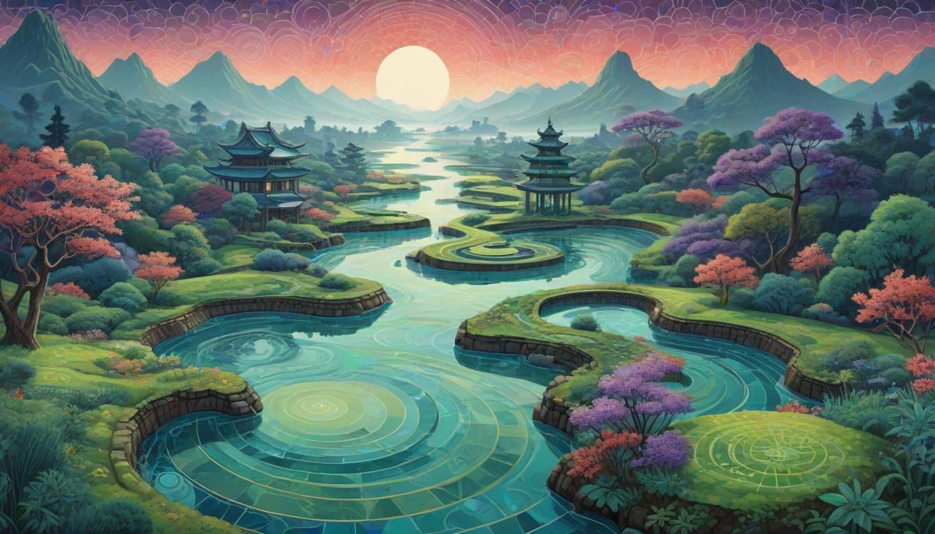 Infinity Road in Dreamlike Cityscape with Whirling Mosaics