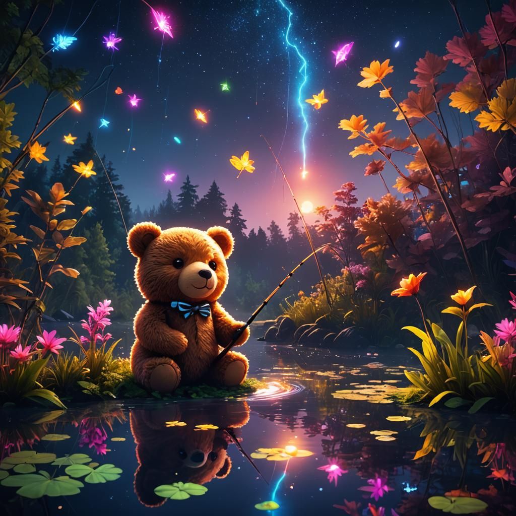 Teddy Bear Fishing in Glowing Pond, Unreal Engine Style