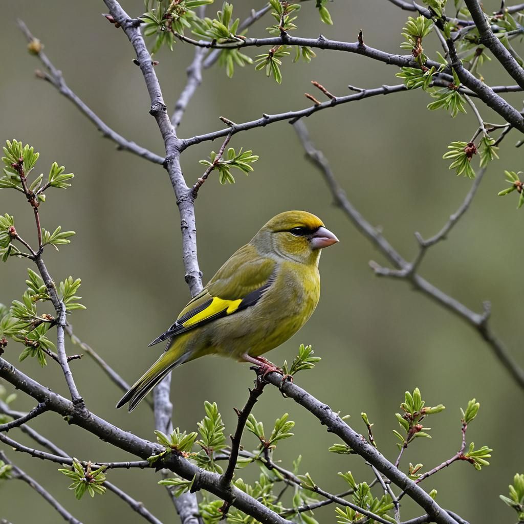Greenfinch Perched in Tree