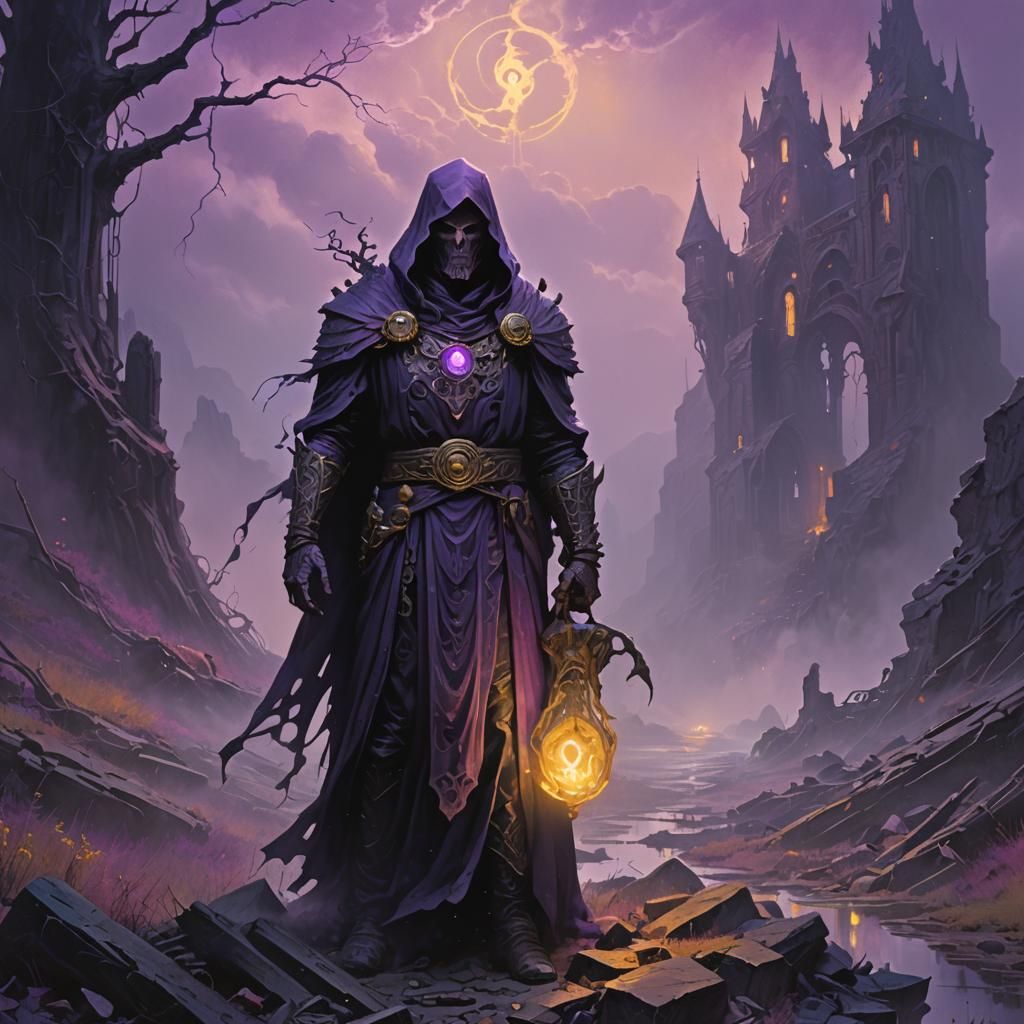 Eerie Figure with Artifact in Dark Fantasy Landscape