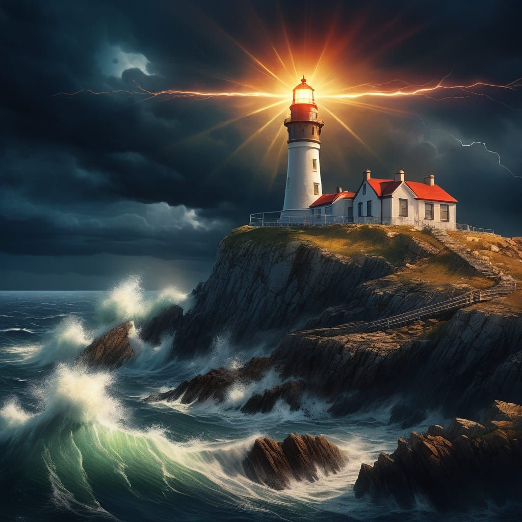 Lighthouse Beacon in Stormy Seas, Fauvist Style