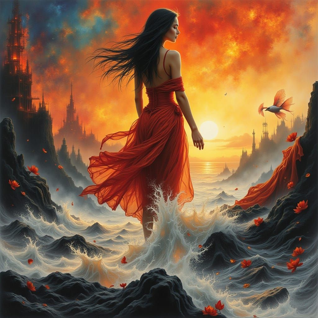<lora:Surrealiste:1.0> Femme très belle elle est une mer déchaînée au coucher du soleil, noire, blanche, orange et rouge...
