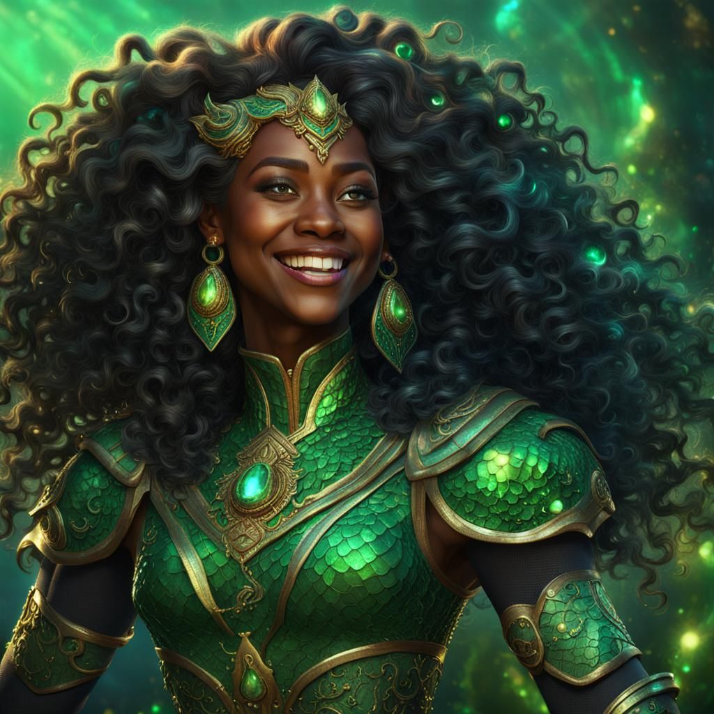 black woman with long curly hair as the green dragon gemstone turbo warrior sparkling glittering smiling