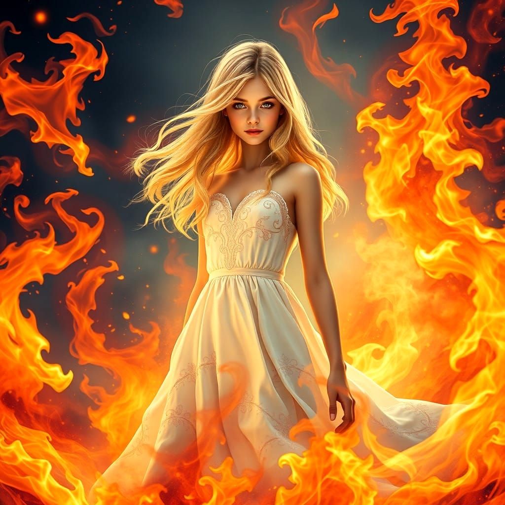 Blonde Girl in Dancing Flames: Fantasy Concept Art