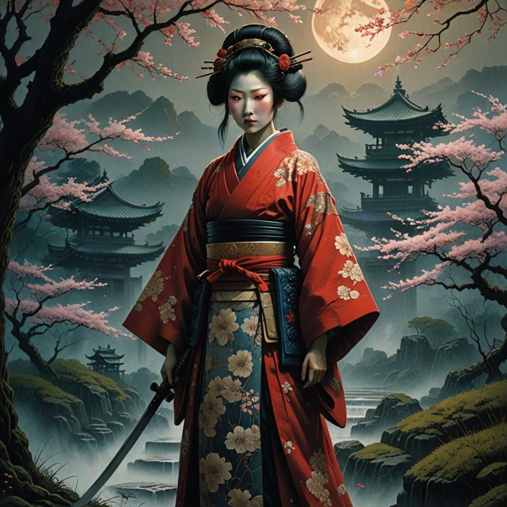 Geisha Warrior in Moonlit Garden