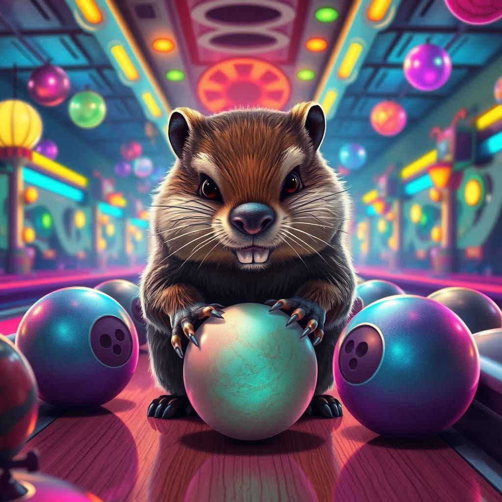 Beaver Strikes in Neon-Lit Bowling Alley Masterpiece