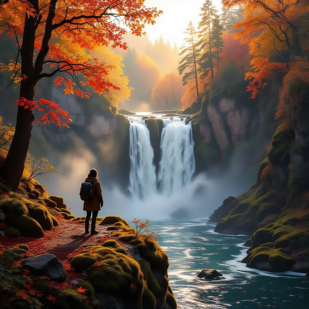 Photorealistic Traveler Overlooks Autumn Waterfall