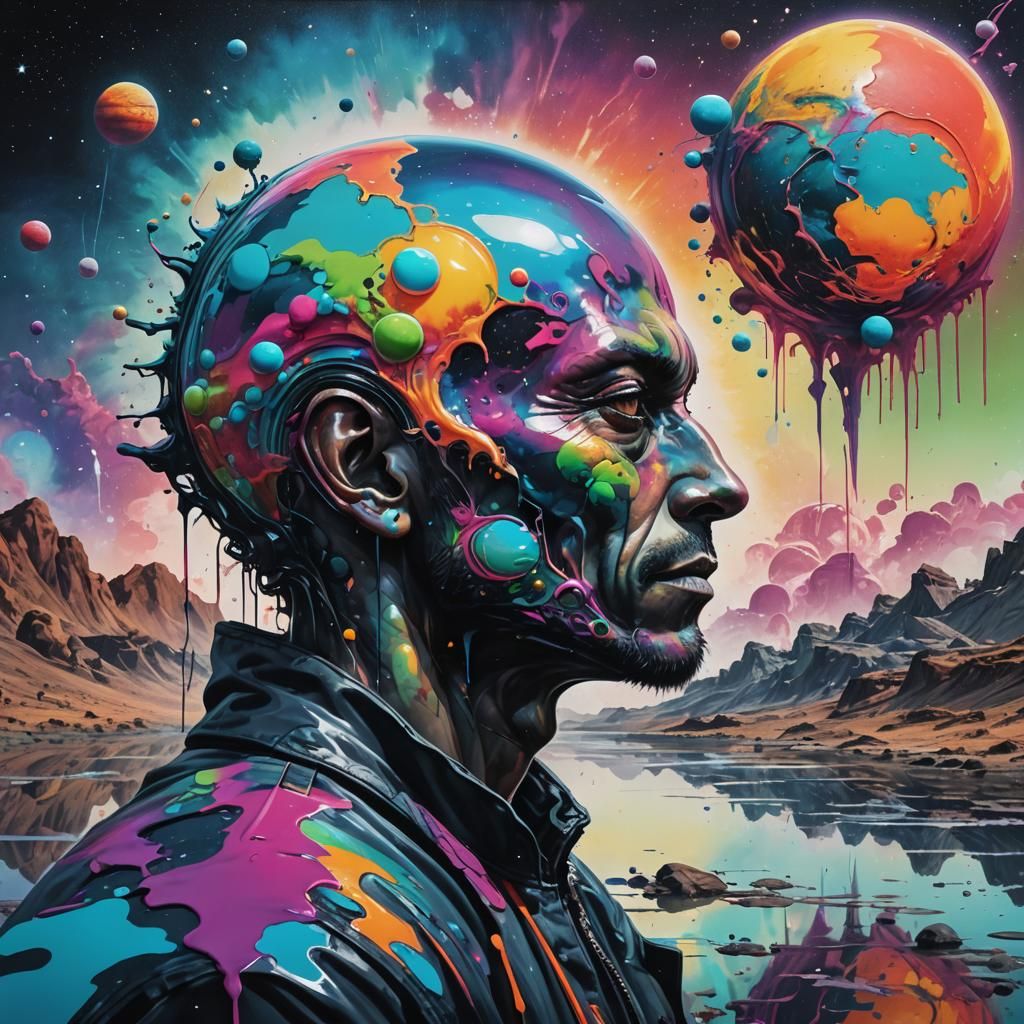 Man's Portrait Merged with Alien Planet in Graffiti Art